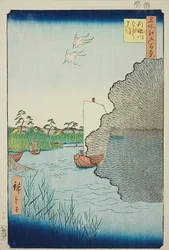Pinheiros dispersos no rio Tone (Tonegawa Barabara-matsu), n.º 71 da série "Cem vistas famosas de Edo (Meisho Edo hyakkei)"
