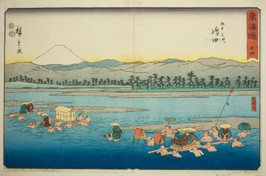 Shimada: O Rio Oi (Shimada, Oigawa)—No. 24, da série "Cinquenta e três estações do Tokaido (Tokaido gojusan tsugi)", também conhecido como Reisho Tokaido