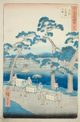 Shono: Local Antigo do Monte Shiratori (Shono, Shiratorizuka koseki), nº. 46 da série "Famous Sights of the Fifty-three Stations (Gojusan tsugi meisho zue)", também conhecido como Vertical Tokaido