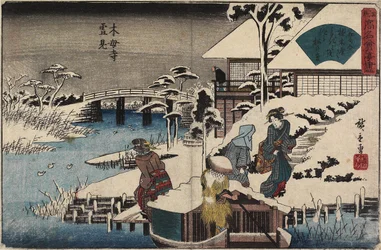 Cena da neve no templo de Mokubo-ji e no restaurante Uekiya, c. 1835-1842