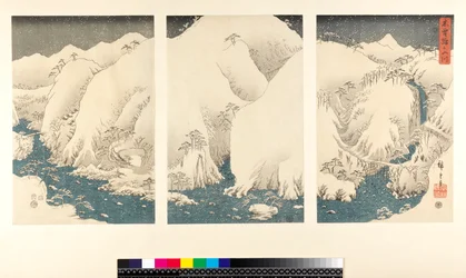 Tempestade de neve nas montanhas e rios de Kiso, (sanmaitsuzuki - tríptico, yoko-e - formato horizontal, xilogravura a cores)