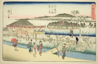 Vista da primavera do novo aterro na lagoa Shinobazu (Shinobazu ike shin dote haru no kei), da série "Lugares famosos recentemente selecionados em Edo (Shinsen Edo meisho)"