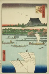 Plano Teppo-zu d Tsukiji Hongwanji Te MPe (Tsukuji-monzeki), fm teserie s "Suppe noodles te minutos do cume d red fanet vistas de Edo (Edo 100) Kageyokyo) ”