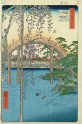A ponte com glicínias ou Kameido Tenjin Keidai, prancha 57 de «100 Vistas de Edo», 1856