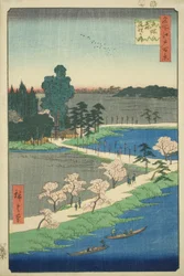 As árvores de cânfora entrelaçadas no Santuário Azuma (Azuma no mori Renri no azusa), da série "Cem vistas famosas de Edo (Meisho Edo hyakkei)"