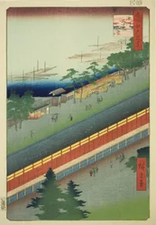 O Salão das Trinta e Três Baías em Fukagawa (Fukagawa Sanjusangendo), da série "Cem vistas famosas de Edo (Meisho Edo hyakkei)"
