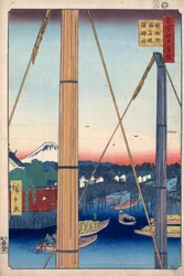 O Santuário do Porto e a Ponte Inari em Teppozu, Cem Vistas Famosas de Edo, 1856-1858.
