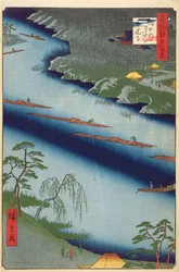 O ferry Kawaguchi e o templo Zenkoji, de cem vistas famosas de Edo, 1857 (impressão a cores em xilogravura)
