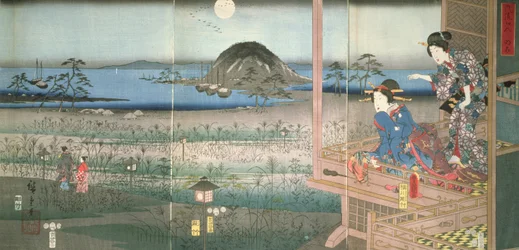 A Senhora Fujitsubo assistindo o Príncipe Genji partindo ao luar, 1853, (impressão em xilogravura colorida)