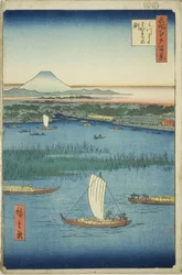 A profundidade de separação do rio de três pontas (Mitsumata Wakarenofuchi), da série "Cem vistas famosas de Edo (Meisho Edo hyakkei)"