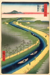 Towboats Ao longo do Canal Yotsugi-dori, placa 33 da série Cem Vistas Famosas de Edo, Período Edo, Era Ansei, 1857 (xilogravura)