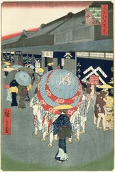 Vista do Tori-itchome de Nihonbashi (Nihonbashi Tori-itchome Ryakuzu), placa 44 de Cem vistas de Edo (impressão a cores em xilogravura)