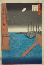 Vista da ilha de Tsukuda a partir da ponte Eitai (Eitaibashi Tsukudajima), n.º 4 da série "Cem vistas famosas de Edo (Meisho Edo hyakkei)"