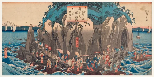 Vista de uma peregrinação à caverna e ao santuário de Benzaiten em Enoshima, Sagami, c.1850-51 (woodblock)