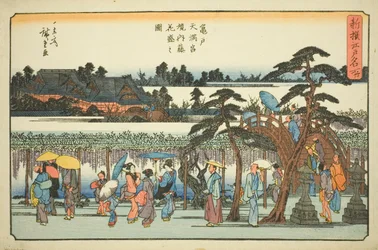 Glicínias em plena floração nos recintos do Santuário Kameido Tenmangu (Kameido Tenmangu keidai fuji hanazakari no zu), da série "Lugares famosos recentemente selecionados em Edo (Shinsen Edo meisho)"