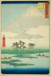 Yoshiwara: Fuji Marsh e Ukishima Plain (Yoshiwara, Fuji no numa ukishima ga hara), nº 15 da série "Famous Sights of the Fifty-three Stations (Gojusan tsugi meisho zue)", também conhecido como Vertical Tokaido