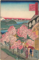 Entrada para a Gankiro Tea House no distrito de Miyozaki, Yokohama, Bushu, 3º mês, 1859.