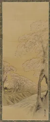 Paisagem: cerejeiras floridas nas margens de um riacho, período Edo, 1615-1868.