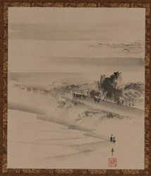 Paisagem: rio, cidade e neblina, período Edo, século XIX.