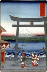 Geishas and Mount Fuji - Impressão japonesa de Hiroshige Utagawa