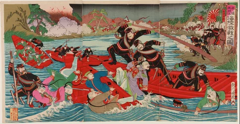 Pesada batalha em terra e mar no rio Taidong, em Pyongyang, Setembro de 1894 (impressão em bloco de madeira; tinta e cor sobre papel)