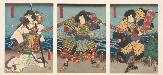 Três atores kabuki puxando uma bandeira vermelha