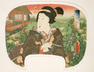 Outono, Hanayashiki: uma gueixa com cachimbo, desenho para um leque de uma série de quatro que ilustra as estações, 1858-60