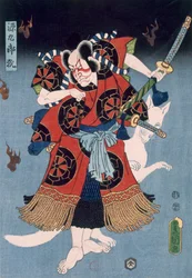 Bando Kamezo como Yokawa Kakuhan em cena de Sembonzakura, pub. 1856.