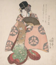 Kabuki Ator em um papel feminino em pé com um fã, século 19., século 19.