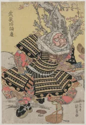 Musashibo Benkei ajoelhado por uma ameixeira