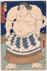 Retrato da lutadora de sumo Shiranui Mitsuemon (1825-1879) com um avental ritual. Impresso por Utagawa Kunisada II (1823-1880)
