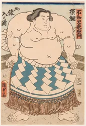 Retrato da lutadora de sumo Shiranui Mitsuemon (1825-1879) com um avental ritual. Impresso por Utagawa Kunisada II (1823-1880)