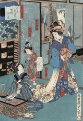 Gravura ukiyo-e de uma gueixa com hibachi, de Kunisada II, c. 1860