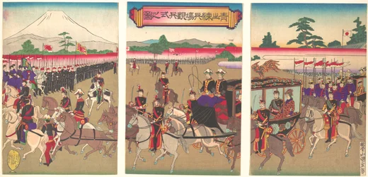 Vista de um desfile de revisão militar em Aoyama, fevereiro de 1889 Meiji 22., fevereiro de 1889 Meiji 22.