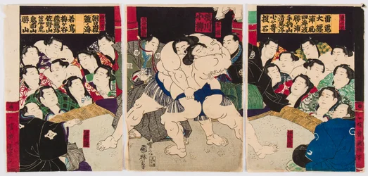 Combat de lutteurs de sumo. Estampe de Utagawa Kuniteru (1808-1876) - Lutadores de sumo, de Kuniteru, Utagawa (1808-1876). Lenhadores de cor. Coleção Particular