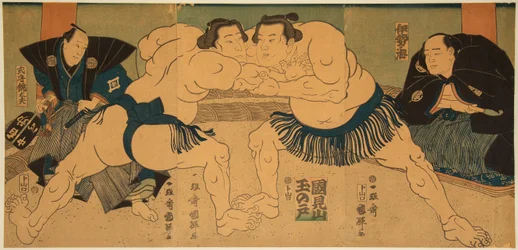 Luta de lutadores de sumo, Tagasugo contra Ayusegawa. Impresso por Utagawa Kuniteru (1808-1876)