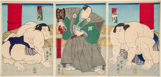 Luta de lutadores de sumo Shakaigawa e Ayasemawa. Impresso por Utagawa Kuniteru (1808-1876)