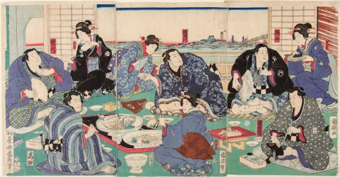 Sumo wrestler Sakaigawa Namiemon (esquerda) com outros wrestlers e gueixa numa refeição festiva. Impresso por Kuniteru, Utagawa (1808-1876)