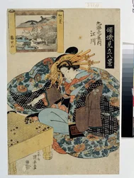 Egawa de la Maison Maruebiya (Serie sur les courtisanes personnifiant 8 vues du Japon). Egawa da Casa Maruebiya (Da série The Courtesans personificando Os oito pontos de vista do Japão). Estampe de Utagawa Yasugoro Kuniyasu (1794-1832), vers 1820. Ukiy