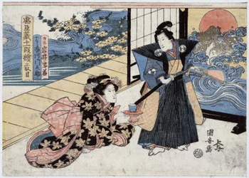 Japão, ato II de Chushingura, história dos 47 Ronin (ou 47 Samurais): Rikiya, com espada e leque, ao lado de Konami, ajoelhado no chão, oferecendo-lhe uma chávena de chá, gravura de Utagawa Kuniyasu