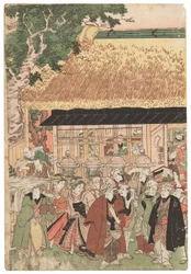 Um grupo de atores a caminho do santuário Oji (Inari jinja) no dia de ano novo, assinado Kuniyoshi, selo kiwame, tríptico Oban tate-e (impressão em xilogravura colorida)