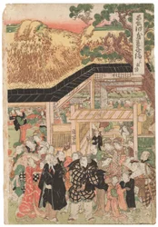 Um grupo de atores a caminho do santuário Oji (Inari jinja) no dia de ano novo, assinado Kuniyoshi, selo kiwame, tríptico Oban tate-e (impressão em xilogravura colorida)