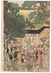 Um grupo de atores a caminho do santuário Oji (Inari jinja) no dia de ano novo, assinado Kuniyoshi, selo kiwame, tríptico Oban tate-e (impressão em xilogravura colorida)