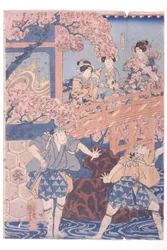 Bandō Hikosaburō IV como Ashikaga Yoshimasa e Ichikawa Kodanji IV como Asakura Tōgo, da peça de kabuki Higashiyama sakura sōshi