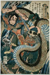 Chūsenko Teitokuson (Ding Desun) atacado por uma cobra num caminho de montanha