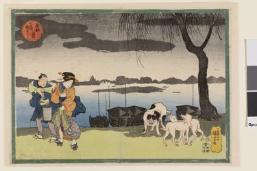 Gueixa, assistente e três cães junto à ponte Yanagi em Ryogoku, da série Vistas famosas da capital oriental, c.1834 (xilogravura a cores "nishiki-e"; tinta e cor sobre papel)