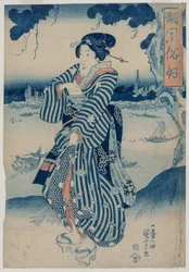 Gueixa em pé na margem do rio Sumida ..., no início da década de 1830.