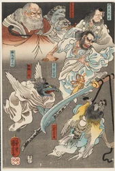 Minamoto Yoshitsune luta contra Benkei na ponte Gojō, com a ajuda de demónios tengu