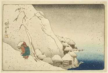 Nichiren in the Snow at Tsukahara on Sado Island (Sash? Tsukahara setch?) (impressão em bloco de madeira colorida)