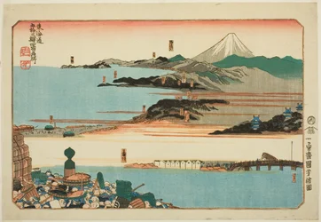 Nihonbashi, Shinagawa, Kawasaki e Kanagawa, da série "Lugares Famosos nas Cinquenta e Três Estações do Tokaido, Quatro Estações (Tokaido gojusan eki yonshuku meisho)"